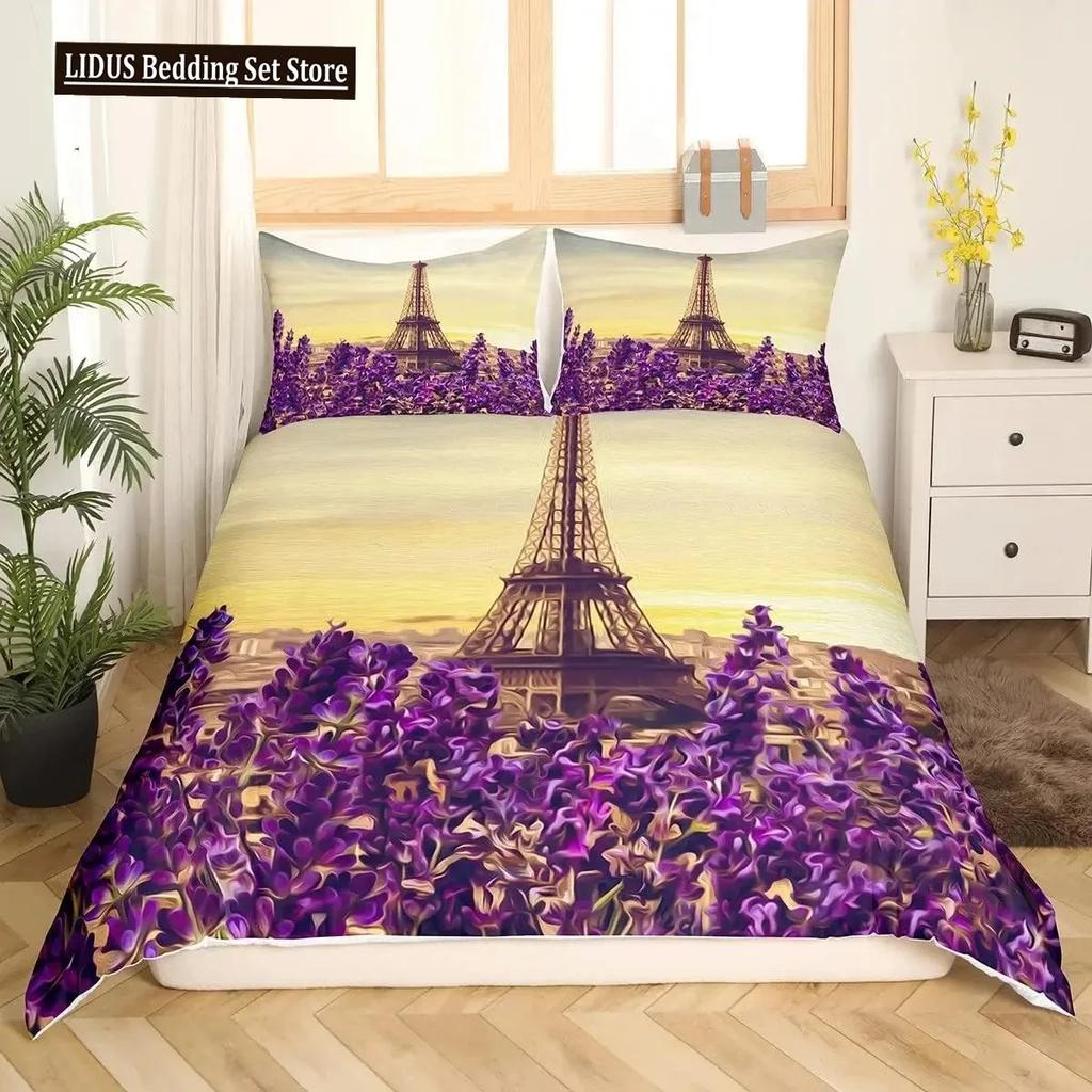 Comforter Valentine Day King Queen Paris Eiffel Tower Bedding Set Pink Watercolor Tulips Flowers Balloon Polyester