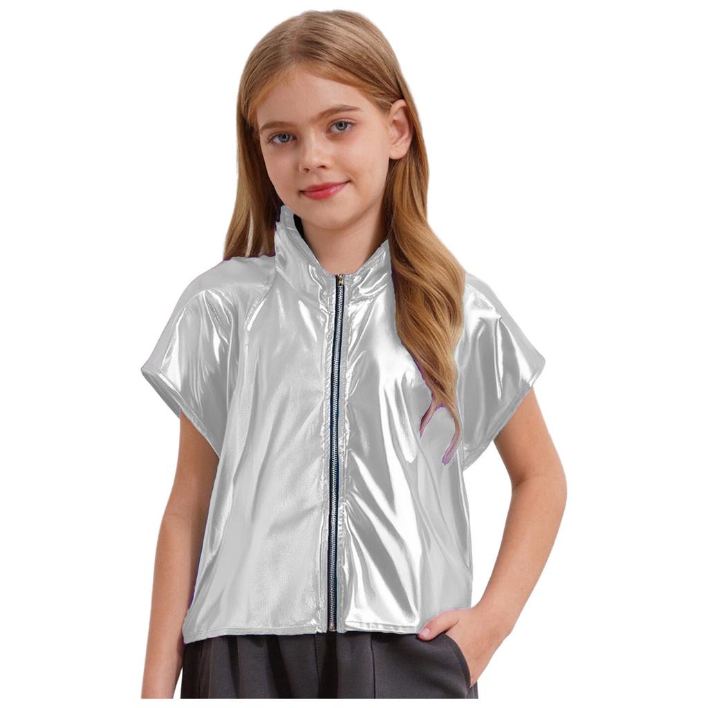 Boys Girls Metallic Hooded Vest Sleeveless Zipper Shiny Hoodie Jazz Dance Stage Performance Vest