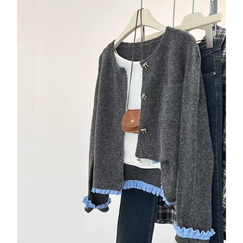 

Осенний топ слим темперамент женский свитер куртка сращивание маленький вязаный кардиган женская осенняя одежда 0395 average size [80-120] серый