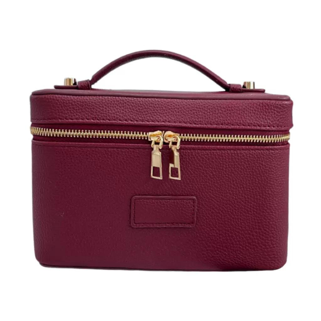 Portable Cross-Grain Leather Cosmetic Bag with Gold Hardware - Makeup and Skincare Travel Organizer