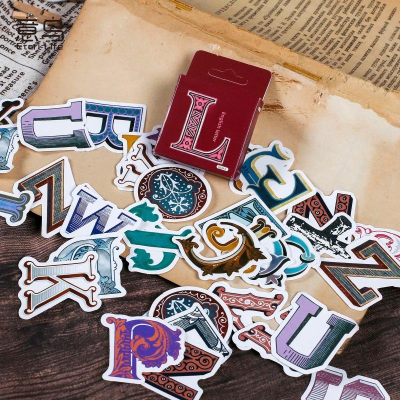 52pcs Vintage Letters Mini Box Stickers Scrapbooking Junk Journal Creative Stationery Decorative Sealing Stickers