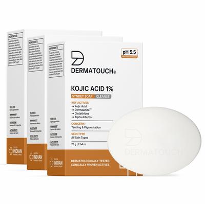 DERMATOUCH Kojic Acid 1% Zeep met Glutathion & Alfa Arbutine | Voor Bruining, Verheldering, Donkere Vlekken & Pigmentatie | pH 5.5 Gebalanceerde Syndet Bar | Derm
