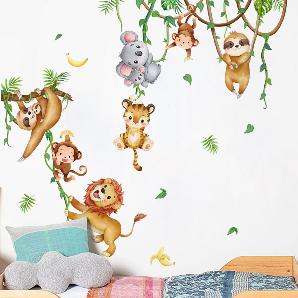 Funny Cartoon Monkey Wall Stickers for Kids Room Self-Adhesive Peel Stick Decoration Jungle Vine Strips for Bedroom Nursery Living Room