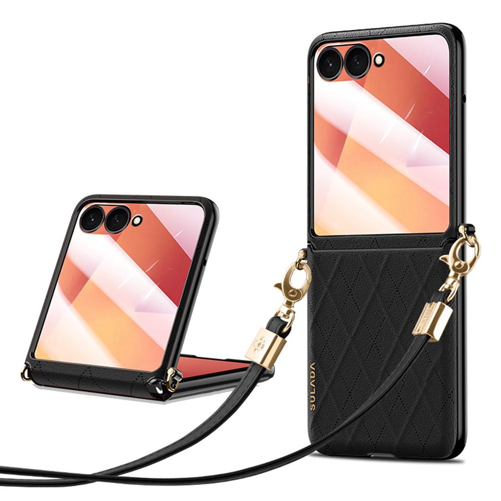 SULADA For Samsung Galaxy Z Flip7 5G Case Rhombus Leather+PC Phone Cover with Shoulder Strap