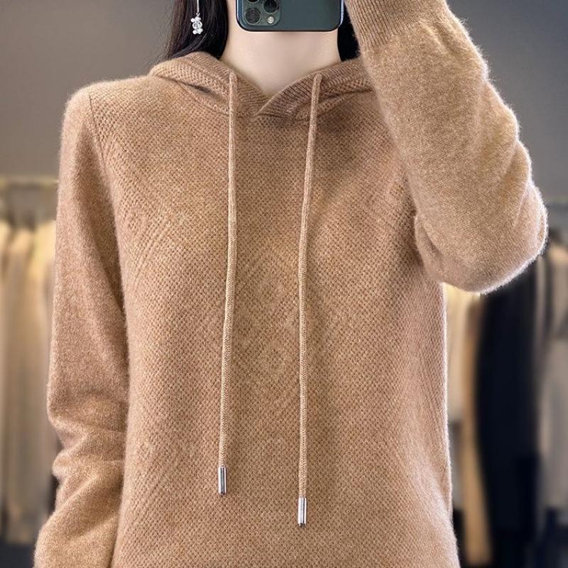 Autumn and winter new hooded knitted sweater women's top inside and outside hoodie loose and thin pullover sweater