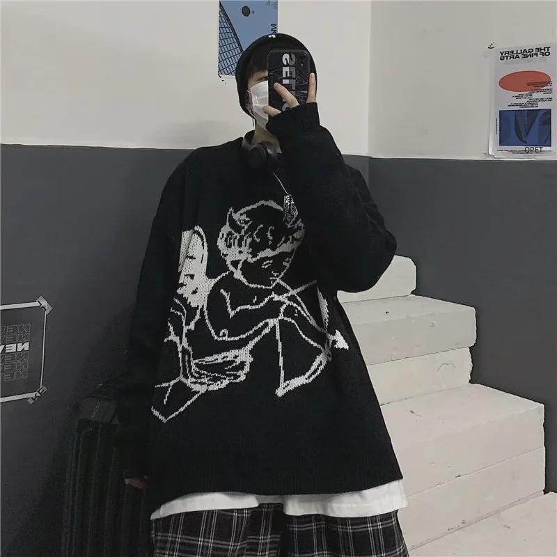 Trendy Couples' Korean-Style Angel Jacquard Knitted Sweater - Unisex Autumn/Winter Round Neck Top