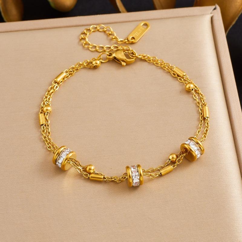 Gold Stainless Steel Cz Pave Cylinder Charm Double Chain Bracelet
