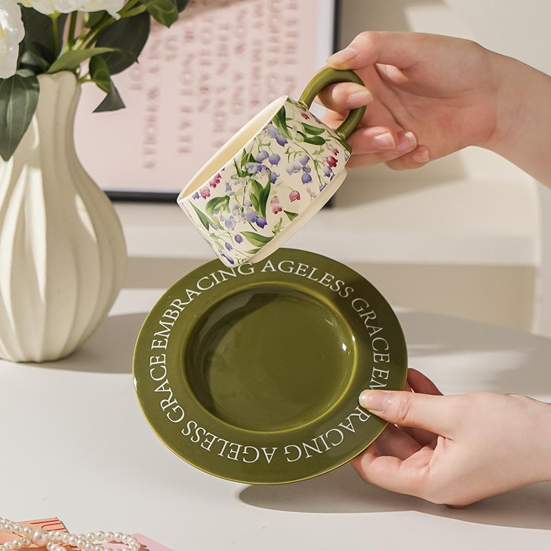 Coffee Cup Saucer Set Flower Afternoon Tea Ceramic High Value Mug Souvenir Ins Wind Oil Painting Retro Women
