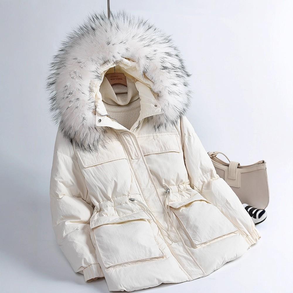 Raccoon Big Fur Collar Tooling Down Jacket Women's Winter Fashion Thickened Placket Sticker Warm Small Pie Overcome