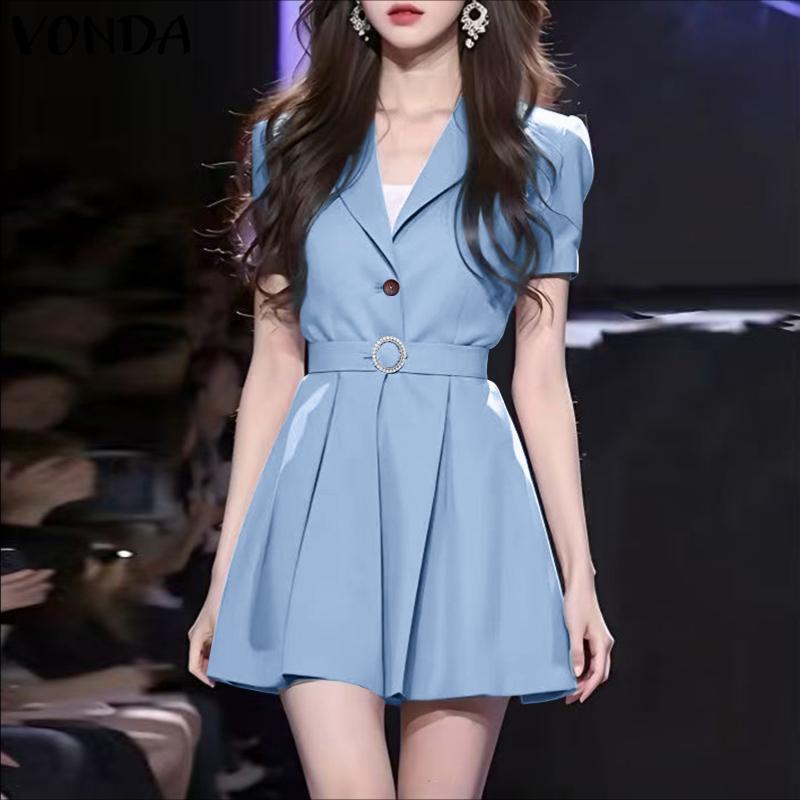 VONDA Women Elegant Short Sleeve Belt Casual Mini Pleated Dress