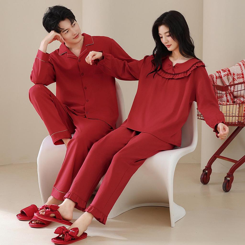 Red Zodiac Cotton Pajamas Set: Long Sleeve & Pants for Couples - Autumn/Winter Wedding & Home Wear