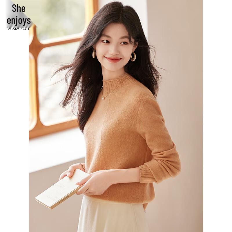 SheEnjoy Women's 100% Pure Wool Semi-High Collar Cable Knit Sweater