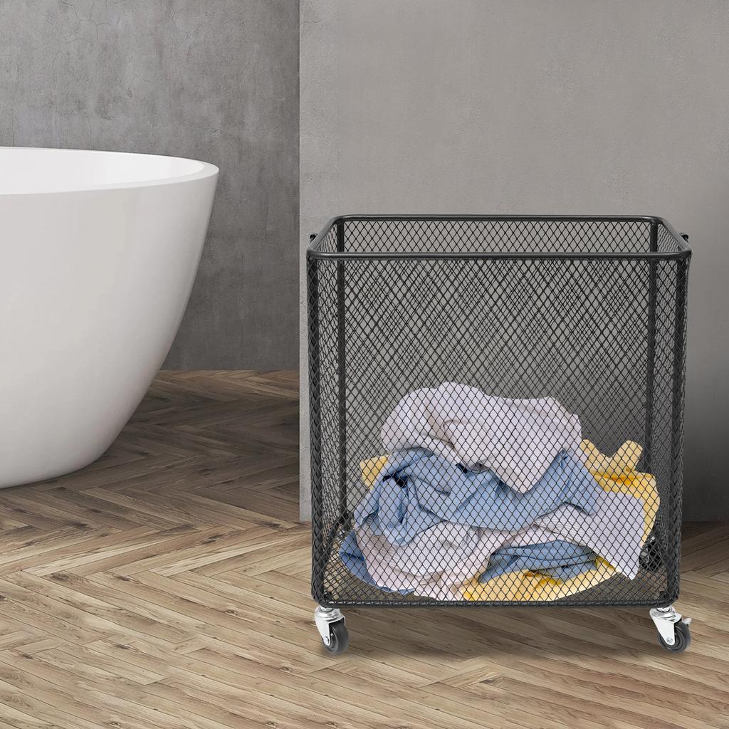 Rectangular Iron Rolling Laundry Basket,Black Laundry Basket with 4 Wheels,Iron Pipe 13mm Freestanding 43*23*45cm for Balcony