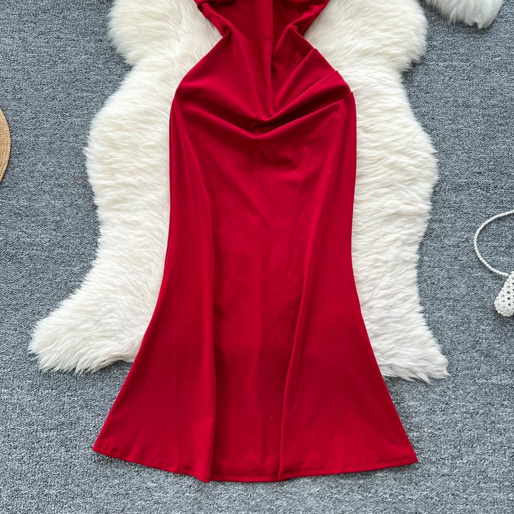 Summer Women V-neck Sleeveless Beaded Solid Evening Party Mermaid Fishtail Long Midi Dresses