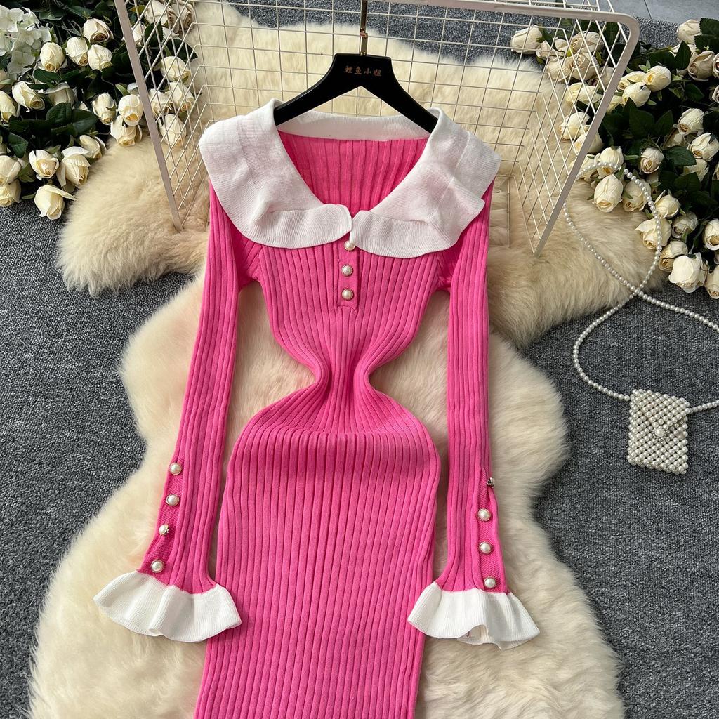 Knitted Dress Women's Autumn and Winter French Retro Color Collision Doll Collar Single-breasted Waist Slim Fishtail Long Dress