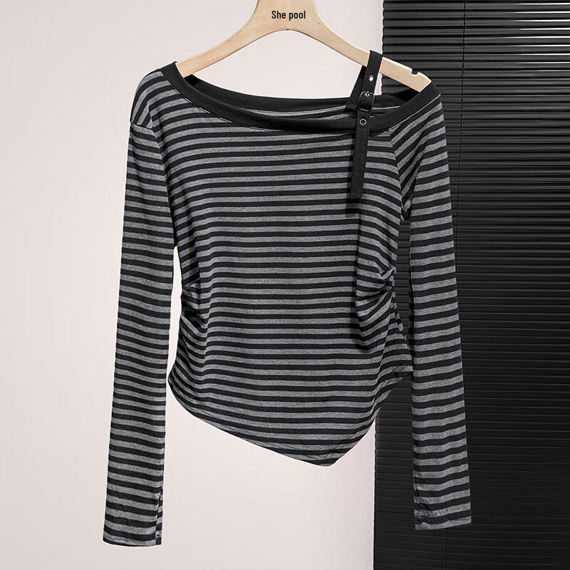 Women's Lyocell Off-Shoulder Striped Long-Sleeve T-Shirt