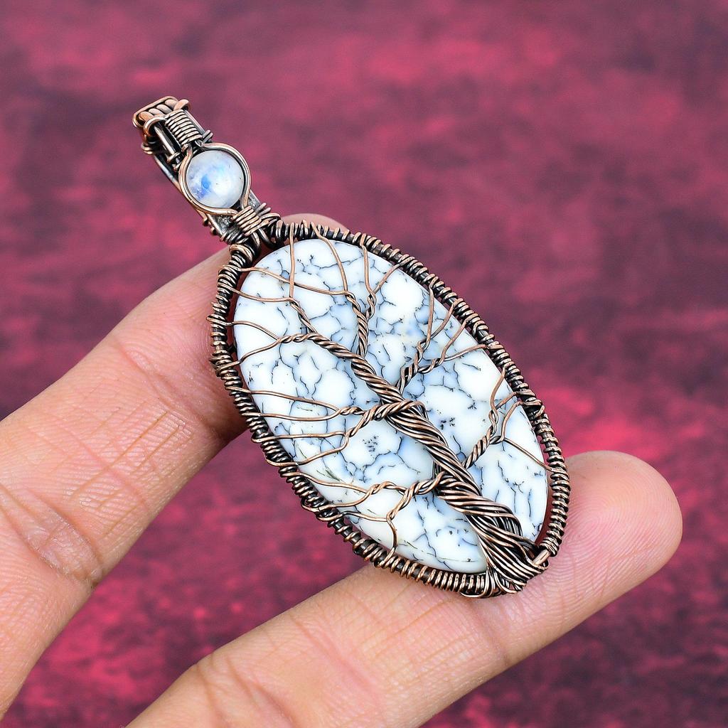 Tree Of Life Dendrite Opal Pendant Copper Wire Wrapped Rainbow Moonstone Jewelry