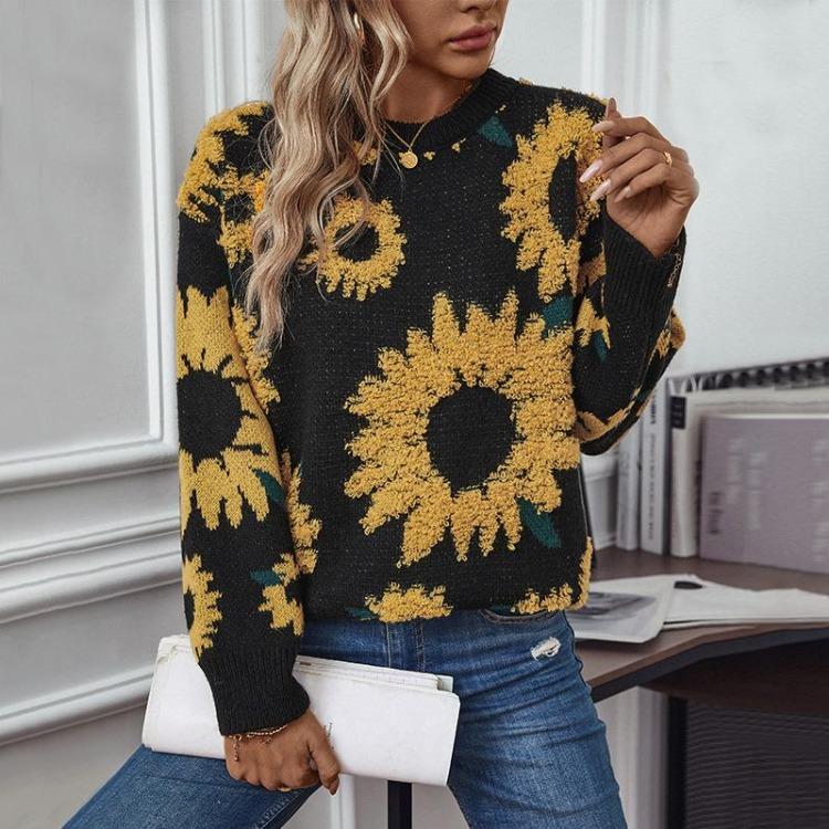 Vintage Knitwear Cardigan Long Sleeve Loose Sweater O Neck Print Top Autumn Winter