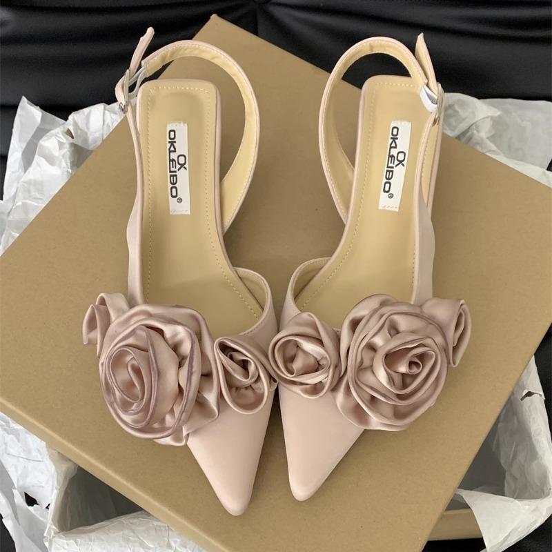 Womens Sandals 2025 New Spring Summer Pointed French Flower Bag Head Sandals Fairy Socialite Single Shoes Sandalias para mujeres