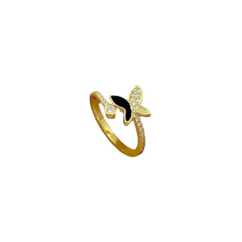 Real Gold Dripping Oil Butterfly Full Diamond Ring Opening Adjustable Simple Jewelry Japanese Ring Couple Ring