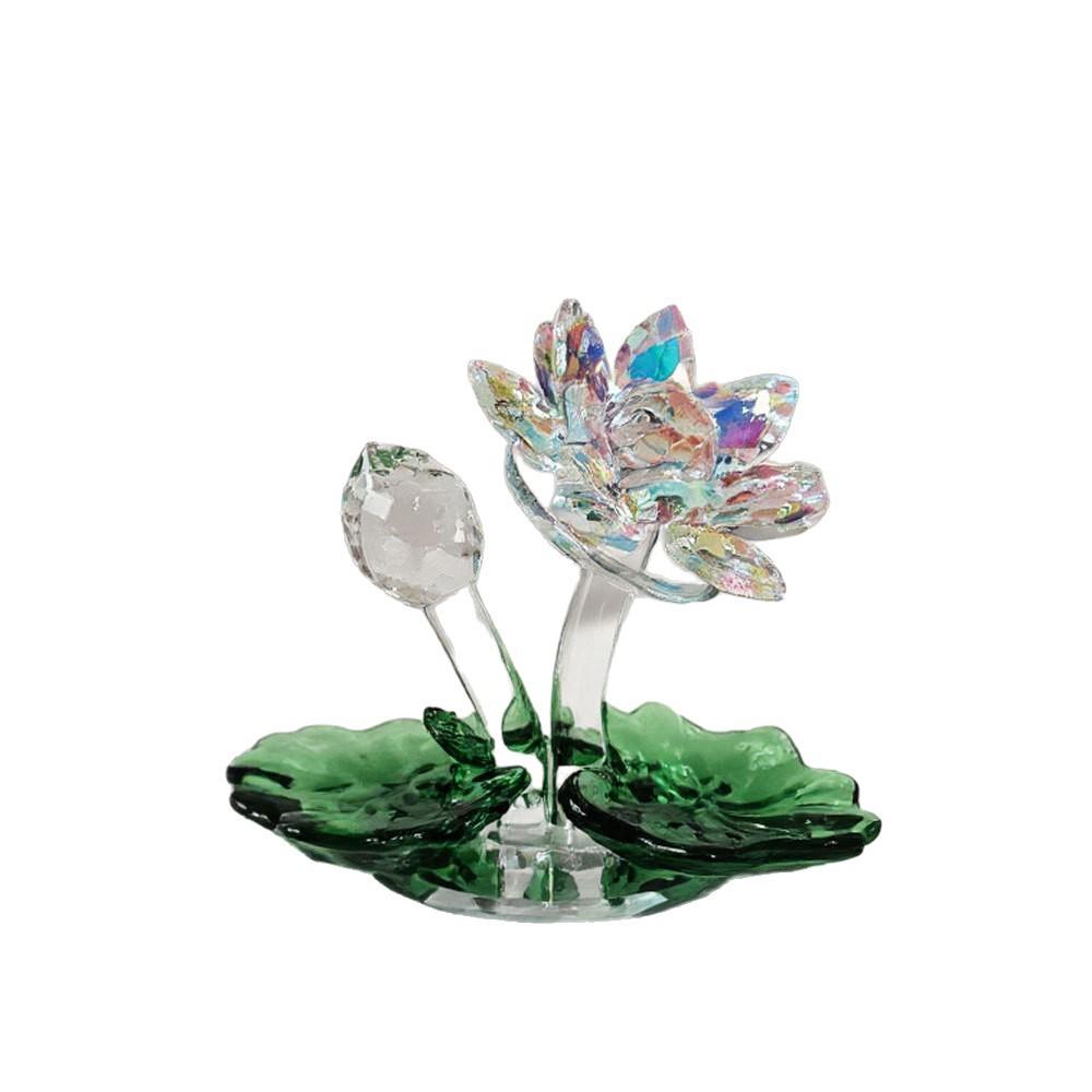 Creative Crystal Lotus Home Decor FengShui Lucky Crystal Flower Ornament with Green Leaf Elegant Tabletop Decor for Wedding Gift