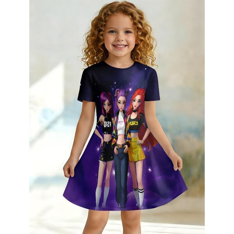Girl Anime Girl Group Printed T-shirt Dress, K-Pop Fan Children s Purple Galaxy Casual Dress Suitable for Birthday Gifts 110