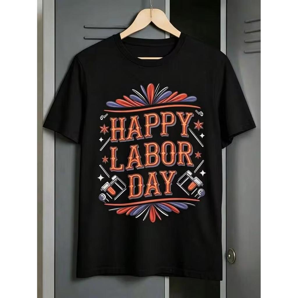Shirts Graphic Teesunisex Happy Labor Day Vintage Western Bold Letter Hammer Star Burst Border Graphic Tshirt Labor Holiday White Casual Teecrew Ne