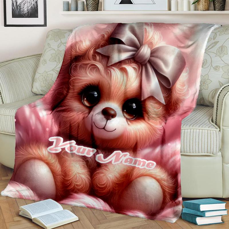 1PC Custom Name Pink Teddy Bear Bow Flannel Blankets Patterns Throw Blanket All-Season Soft Gift for Couch, Bed, Camping Gifts