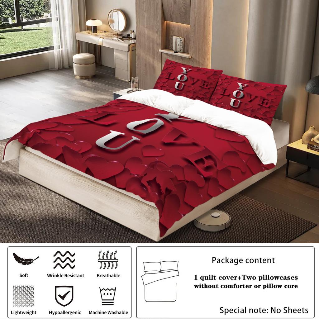 Three-piece Set (1 Quilt Cover + 2 Pillowcases, Coreless) Red Couple Romantic Love Element Printed Bedding Set