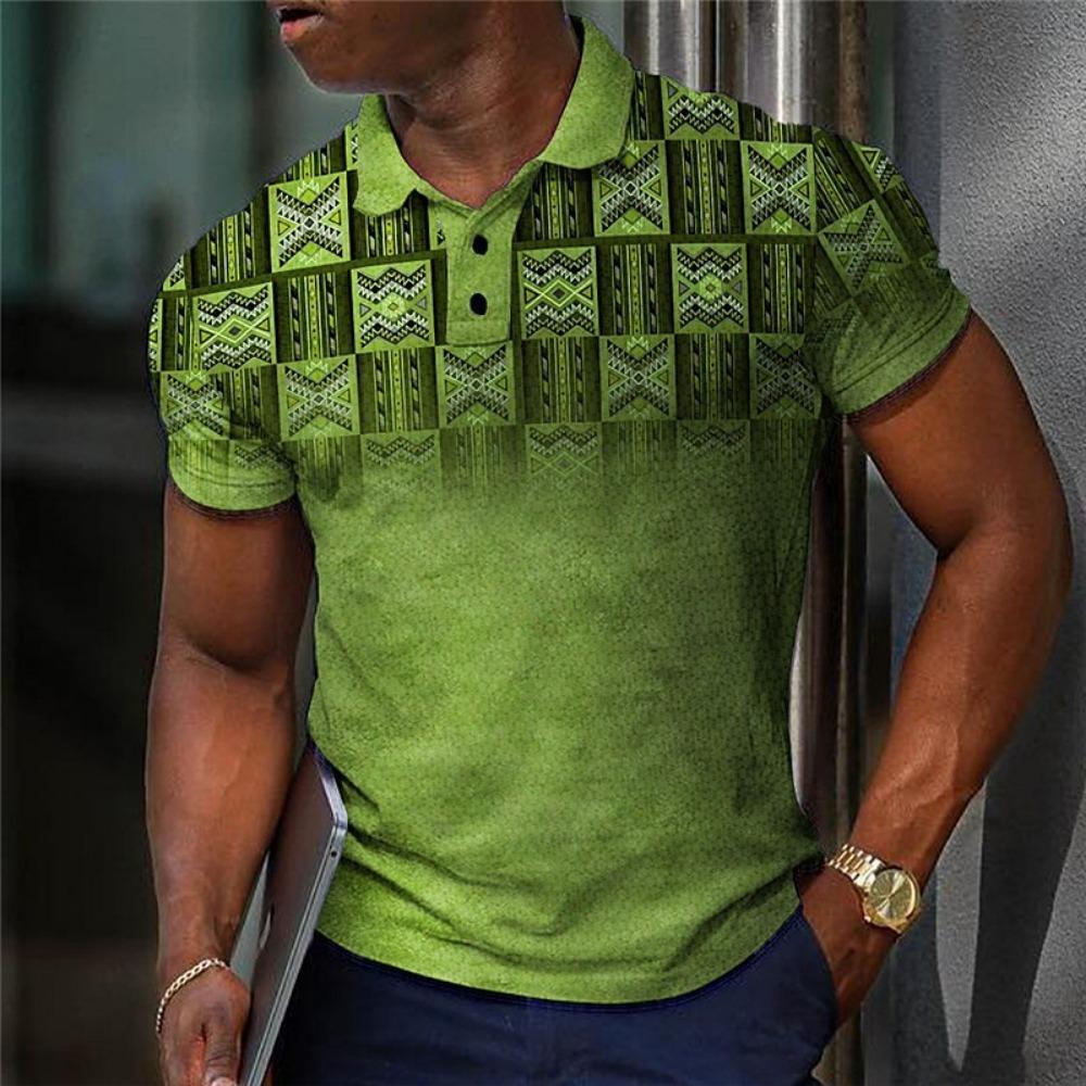 Geometric Color Blocking Pattern 3D Digital Printing Men's Casual Polo Shirt