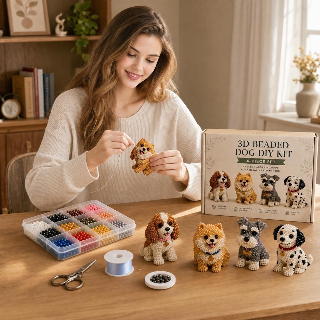 3D Beaded Dog DIY Kit 4 Piece Set Includes Beads String Scissors Instructions for Handmade Bead Craft Projects and Creative Activities