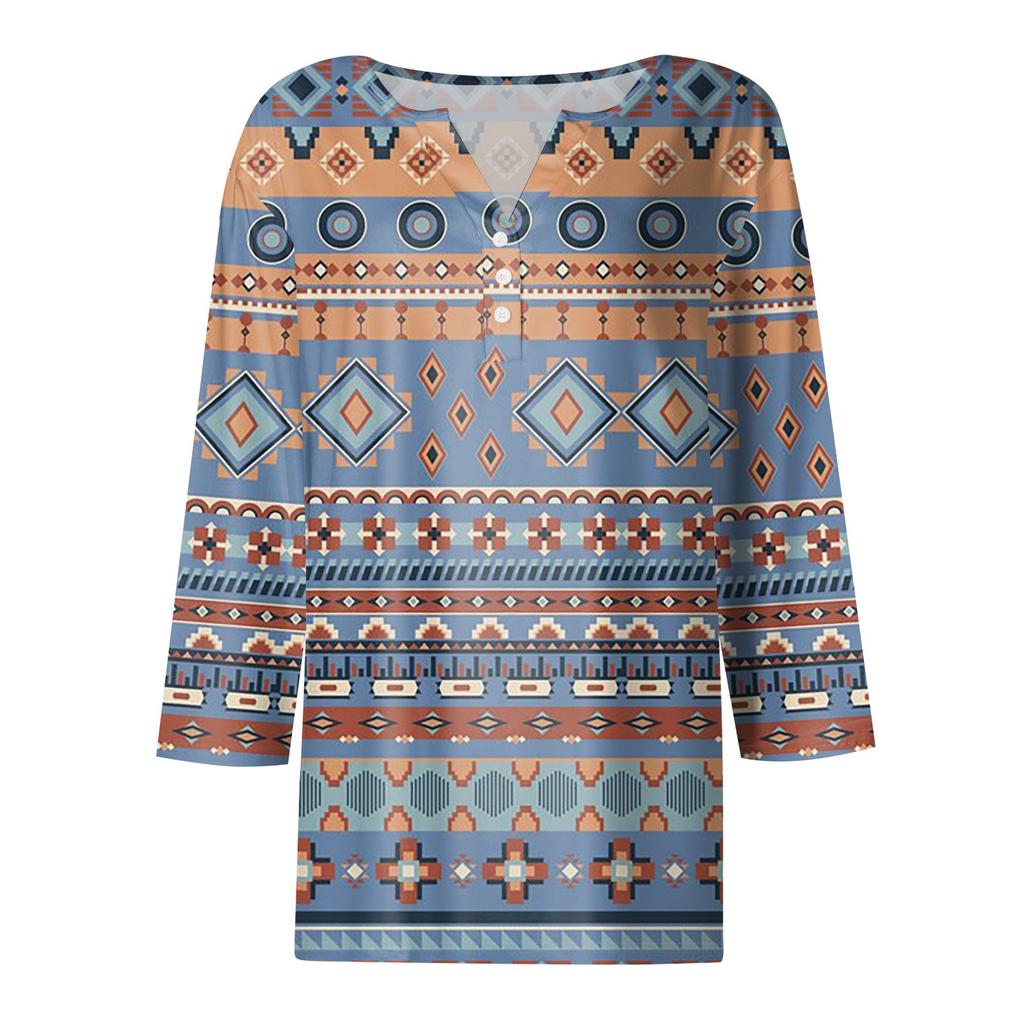 Damen V-Ausschnitt Freizeit Dreiviertelarm Knopf-Detail Top mit Blumenmuster