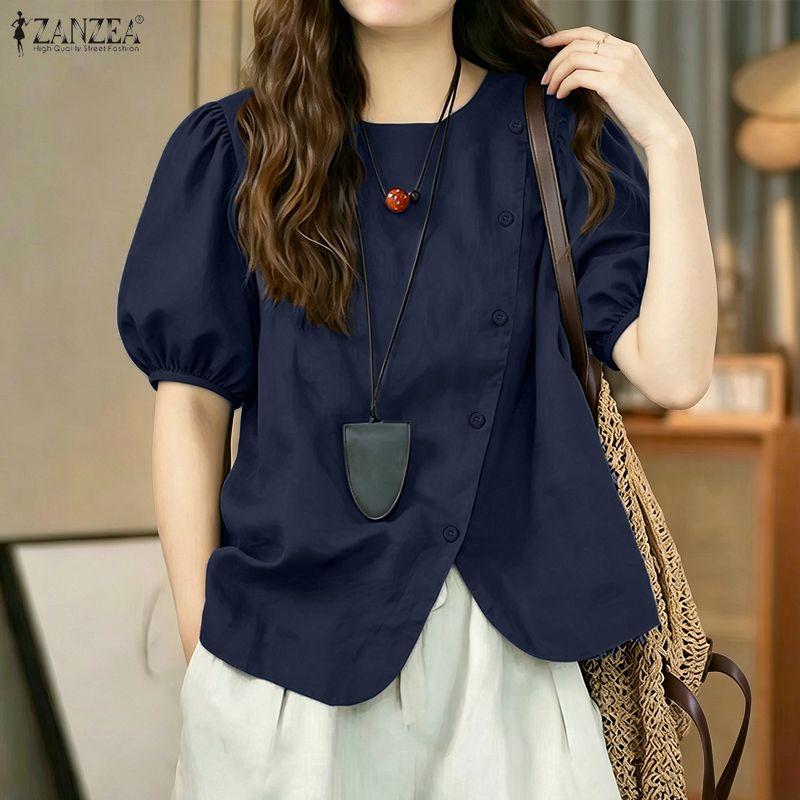 ZANZEA Women Casual Round Neck Puff Short Sleeve Blouse