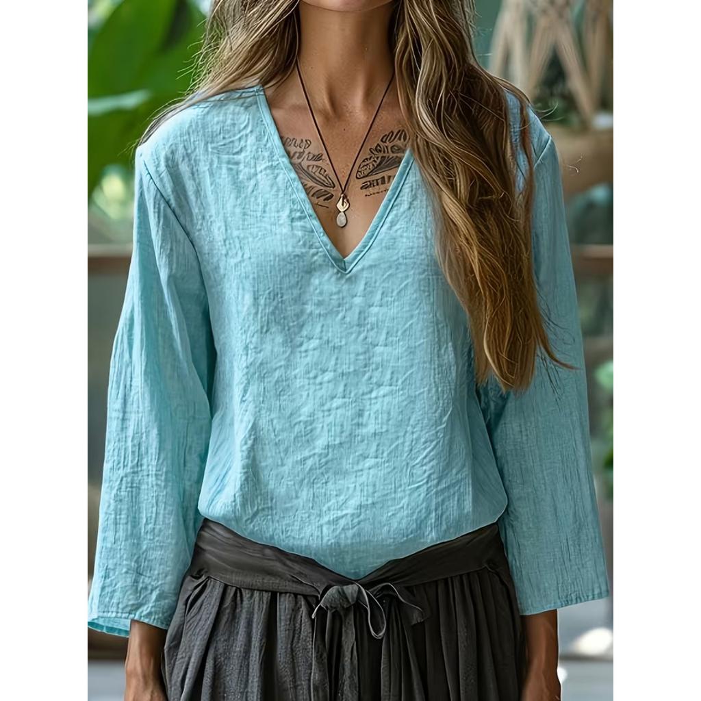 Spring Summer Women's Loose Solid Color V-neck Three-quarter Sleeve Cotton Linen T-shirt, European American Style Casual Crossborder Women's Top
