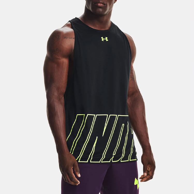 Under Armour Baseline Letter Casual Basketball Breathable Loose Tank Top Men tops Black Green 1361899-002
