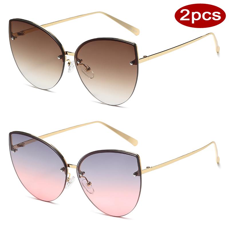 

2pcs Frameless Large Cat Eye Sunglasses Gradient Lens Sun Glasses Trendy Metal Frame Eyeglasses Women Shades Men UV400