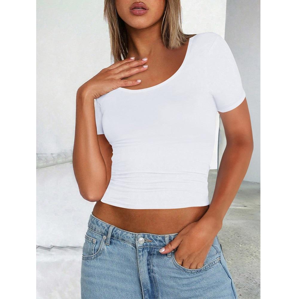 Dámské letní krátké tričko s kulatým výstřihem a krátkým rukávem, slim trička, ležérní crop topy