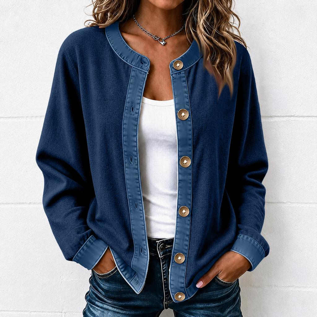 Camicia da donna a blocchi di colore in denim a maniche lunghe con bottoni per autunno inverno