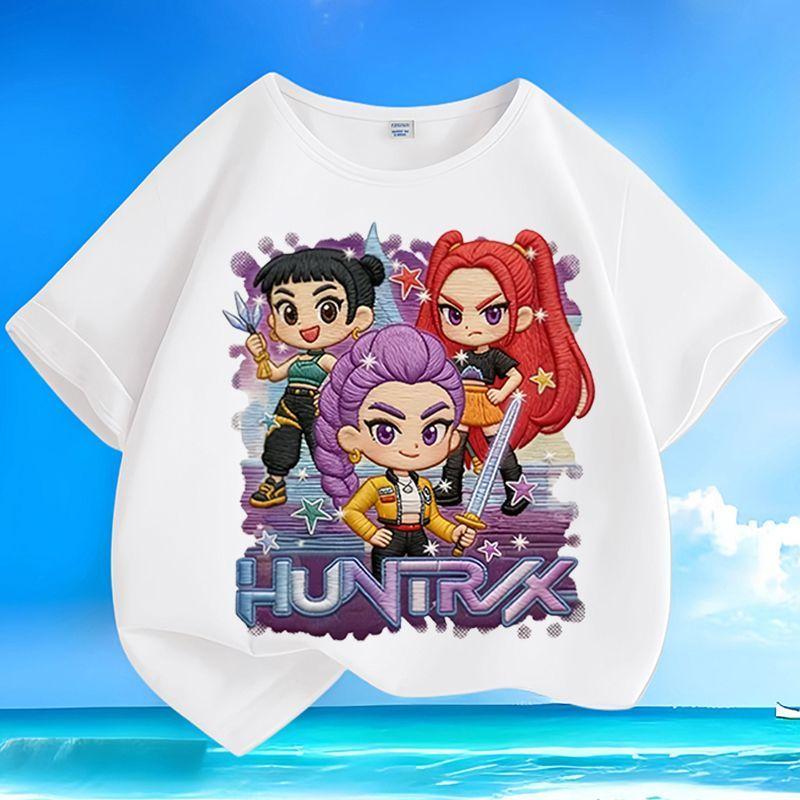 

Girls Loose Embroidered K-pop Demon Girl Group Top for Summer Children s Casual Short-sleeved Pure Cotton T-shirt 100