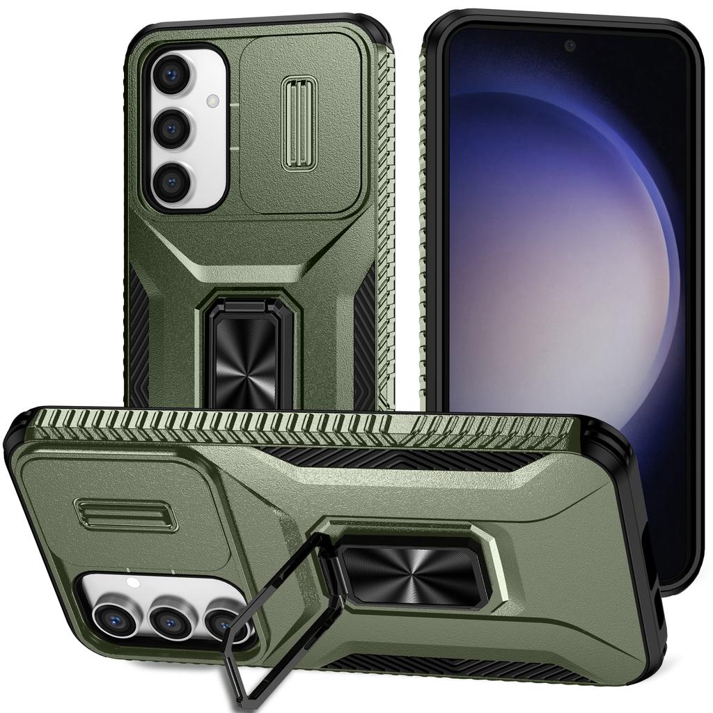 For Samsung Galaxy S23 FE Kickstand Case TPU+PC Phone Protector with Slide Lens Cover