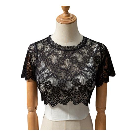 

Мереживний фальшивий комір однотонний прозорий вишивка квітами короткий рукав базовий топ з круглим вирізом швидкосохнучий жіночий одяг XL