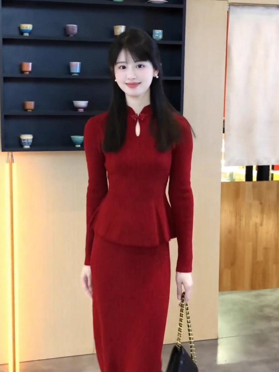 Elegant Red Frog Button Engagement Dress – Autumn/Winter Chinese Style Collection Extra Large