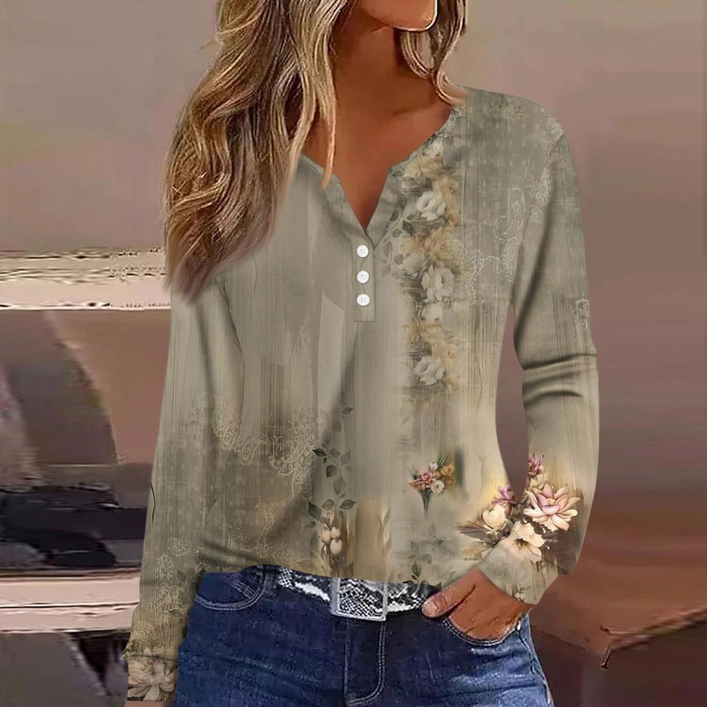 Damen-T-Shirt, T-Shirt, Knopfleiste, langärmelig, für den Alltag, Wochenende, modisch, Basic, V-Ausschnitt, normales Oberteil