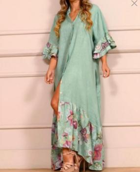 European and American Popular, Printed Splicing Split Sleeve Ruffle Edge Long Shirt Dress
