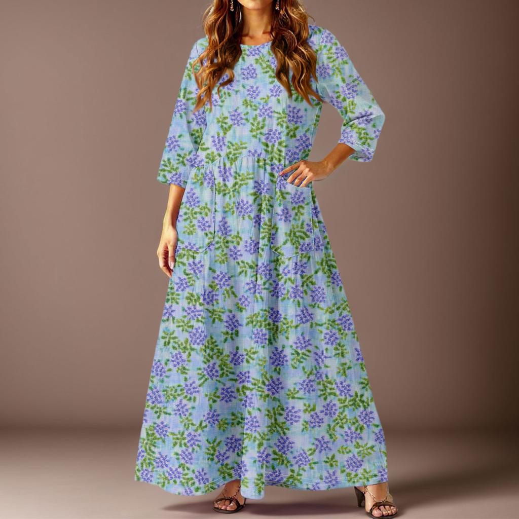 Women's Casual Fashion Floral Print Three-quarter Sleeve Long Dress With Pockets