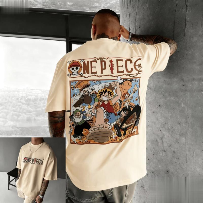 T-shirt Estiva One Piece Anime da Uomo in Cotone a Manica Corta con Stampa Grafica Luffy Equipaggio Pirata Streetwear Top Casual Cartone Animato Vintage