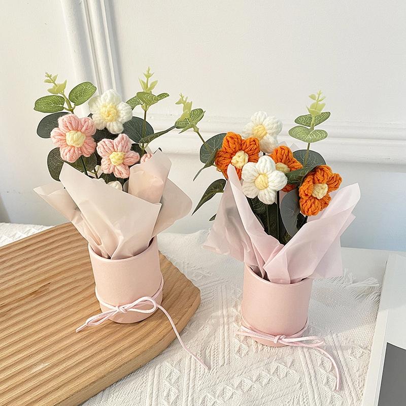 1Pcs Handmade Crocheted Bucket Bouquet Daisies Braid Mother'S Day Valentine'S Day Birthday Wedding Home Decoration