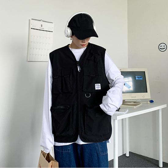 

Весенне-осенний жилет, мужская рабочая одежда с несколькими карманами, куртка без рукавов, пальто, топ на бретелях, модная мужская одежда M чёрный