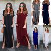 Solid Color Patchwork Short Sleeve V-Neck Ruffled Hem Loose Long Dress
