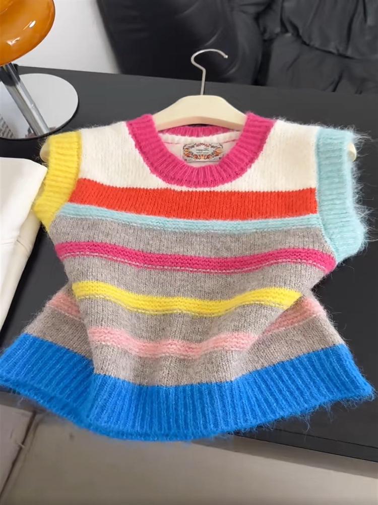 

В язаний жилет у корейському стилі з кольоровими блоками - Весняний багатошаровий одяг для жінок One Size